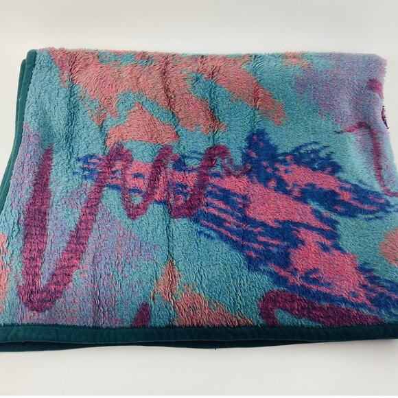 Biederlack Retro 90s Design Reversible Blanket Geometric Purple Teal Jazz Swirl - Picture 3 of 10